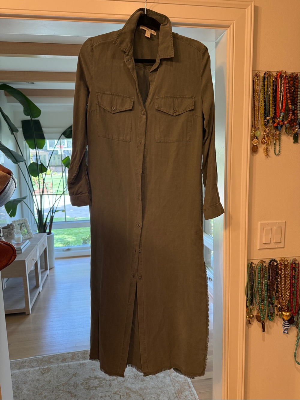 Chelsea & Violet Olive Green Long Button-Front Maxi Shirt Dress
